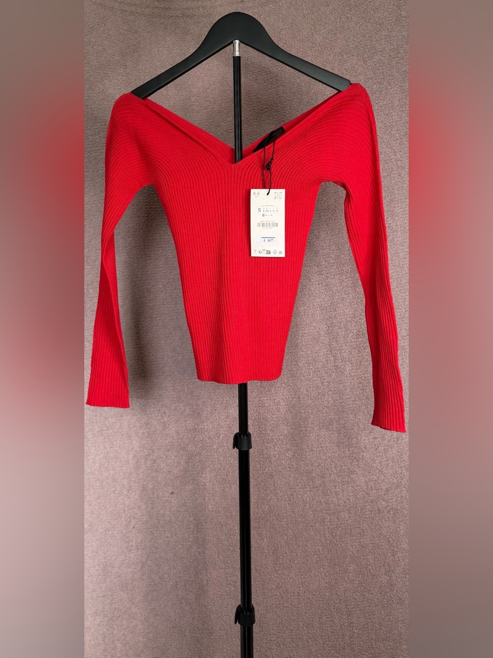 Zara Red Ribbed Off-Shoulder V-Neck Long Sleeve Top